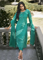  Party Wear Muslin Green Printed Unstitched Suit Material for Women